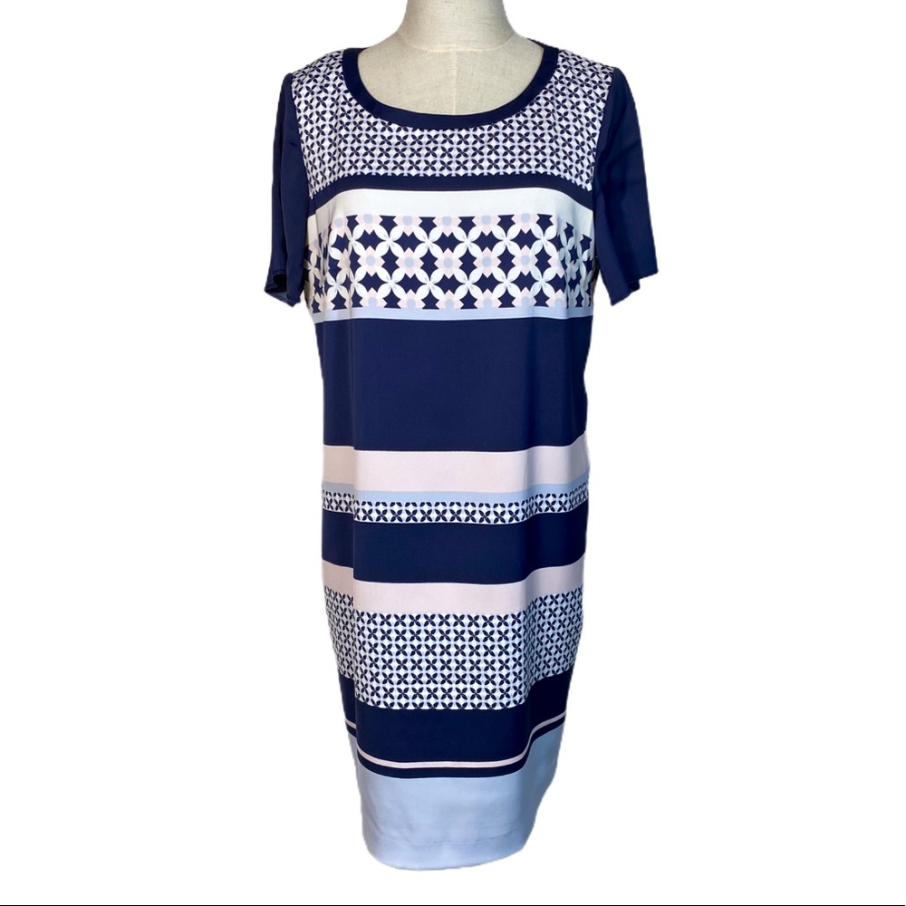 H&M sheer overlay navy print dress size 10 work vacation travel lightweight navy